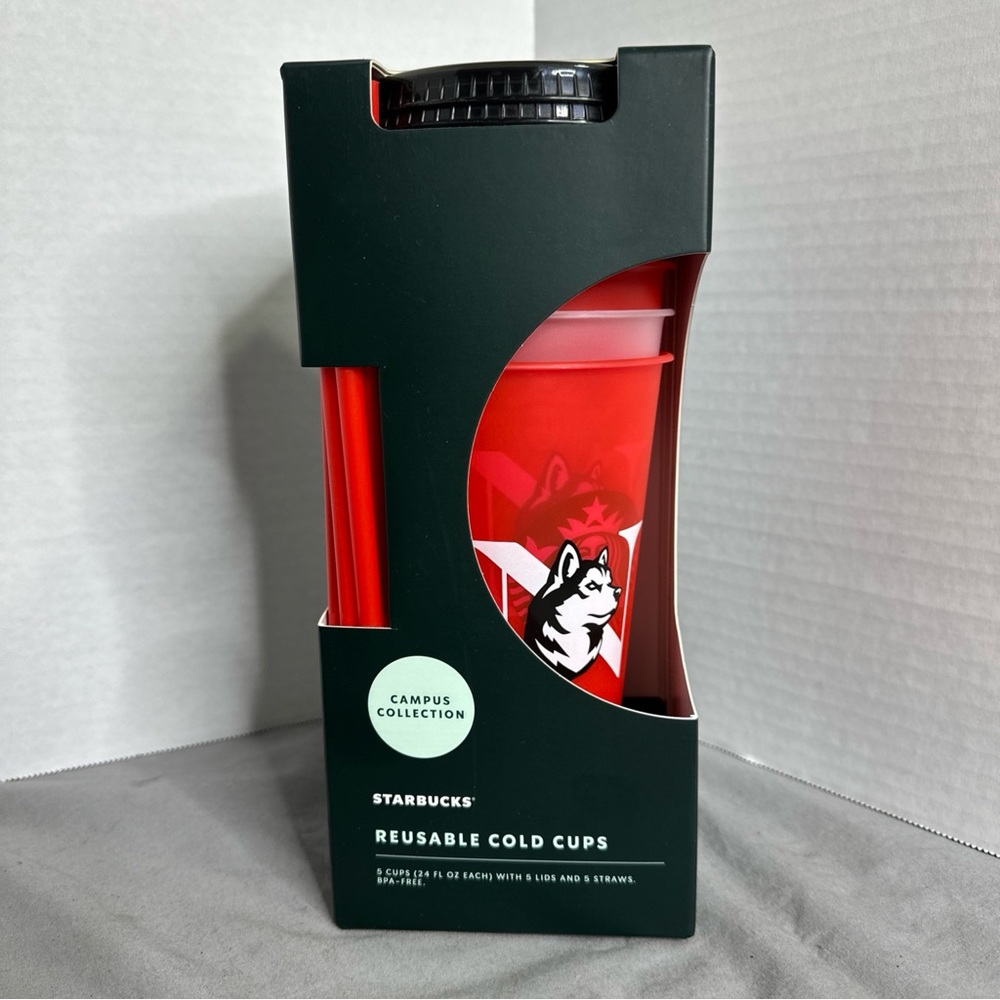 NIB Starbucks Northeastern Huskies Reusable Cold Cups Straws Campus Collection